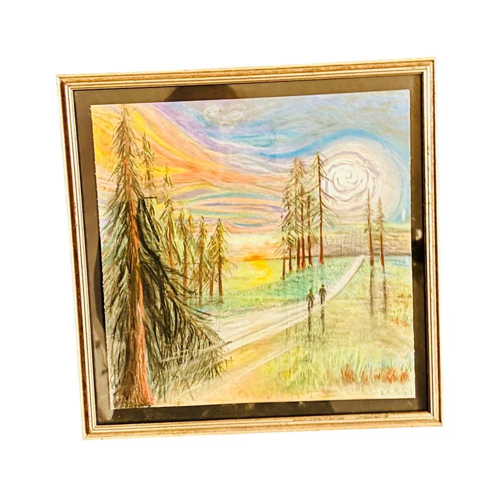 Amateur Original Unknown Artist Signed Framed Art Nature Landscape People Trees